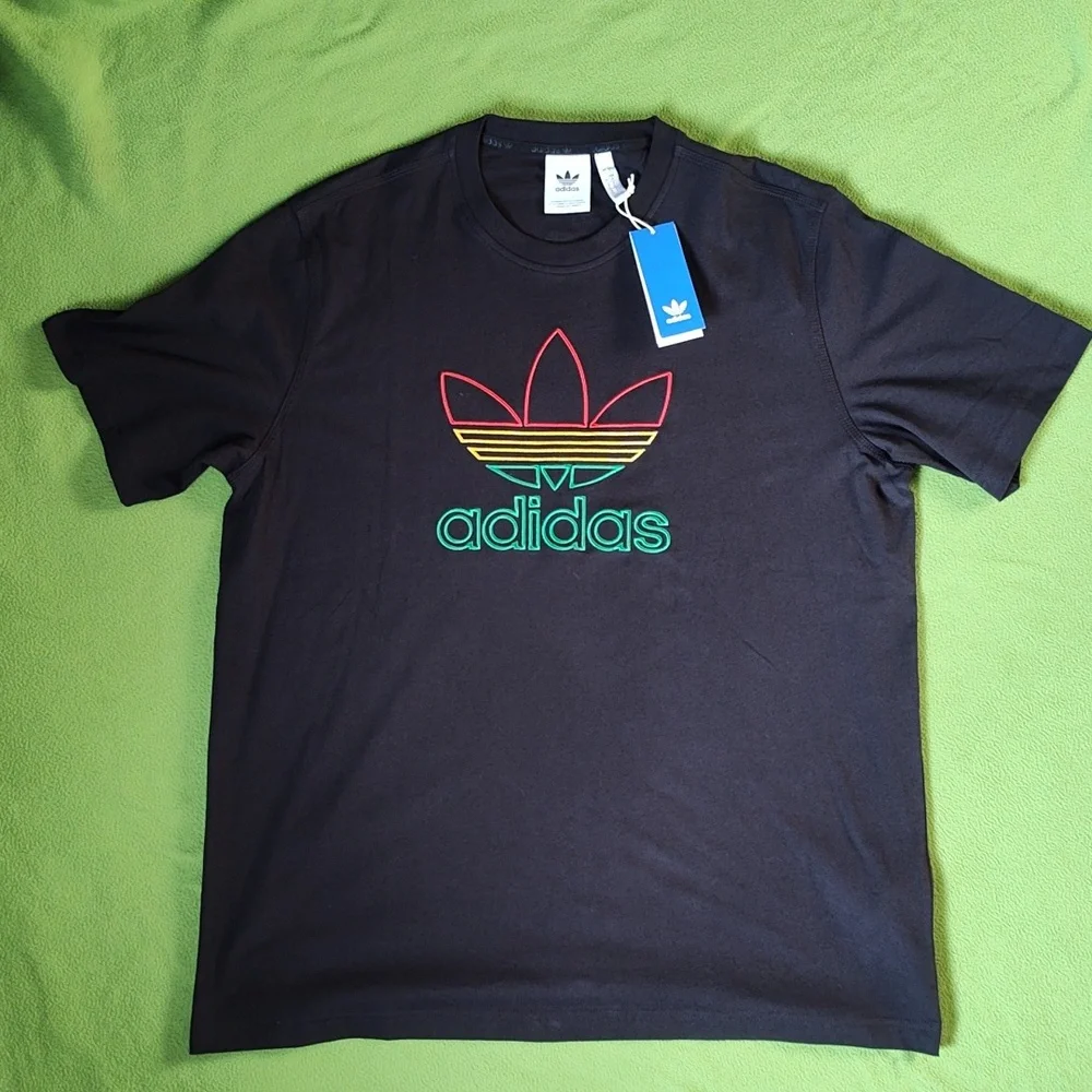 Adidas Rasta Black Tee with Red Gold And Green Embroidered Logo Large KA7463